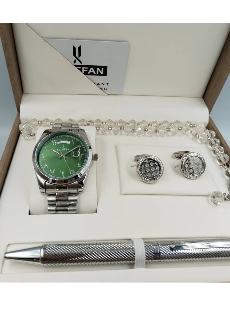 LV LEFAN High-quality, elegant men's watch gift set with Arabic numerals, silver bracelet, and a white dial with date display.