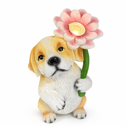 GoGnome Solar Dog Garden Statue with LED Flower – Hand-Painted Resin Puppy Figurine, Solar Powered Outdoor Garden Decor, Auto On/Off Yard Light Gift (Puppy) - Image 1