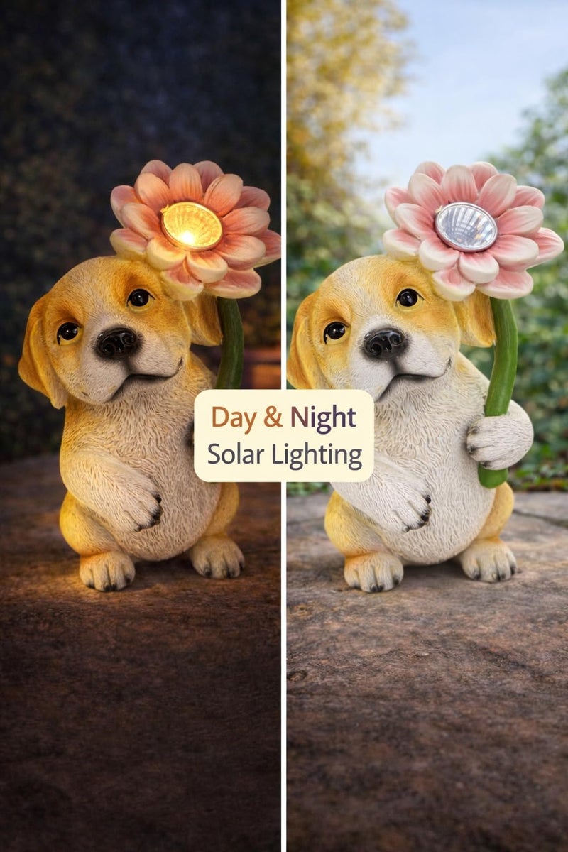 GoGnome Solar Dog Garden Statue with LED Flower – Hand-Painted Resin Puppy Figurine, Solar Powered Outdoor Garden Decor, Auto On/Off Yard Light Gift (Puppy) - Image 2
