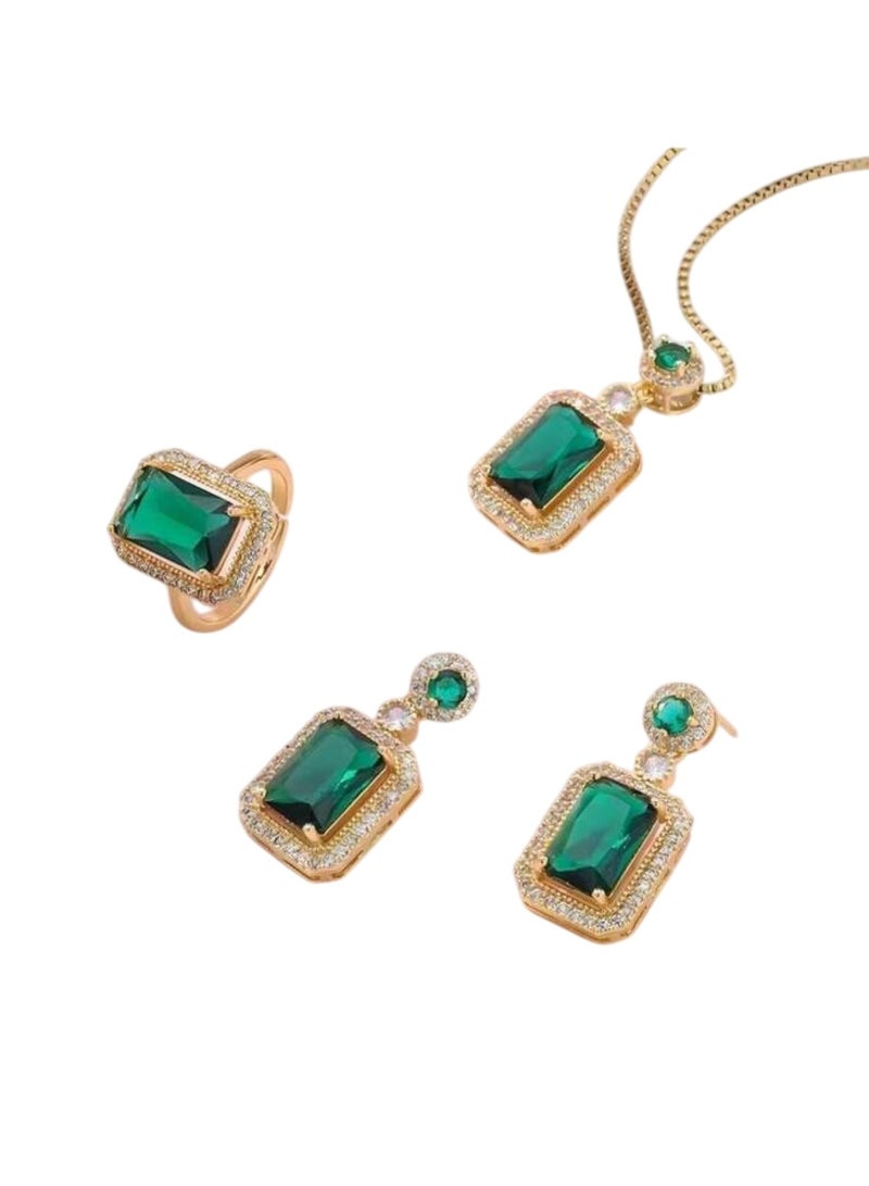 Huitich Elegant Green Crystal Jewelry Set Necklace, Earrings & Ring for Women - Image 1