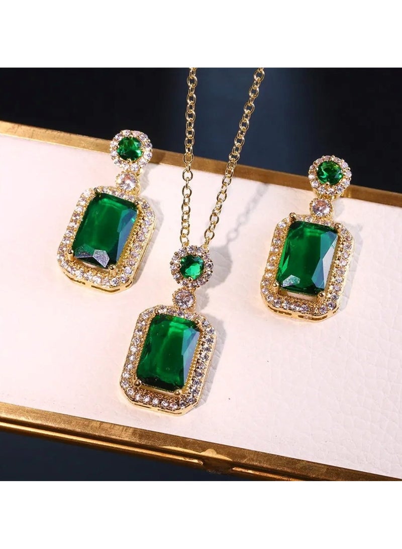 Huitich Elegant Green Crystal Jewelry Set Necklace, Earrings & Ring for Women - Image 2