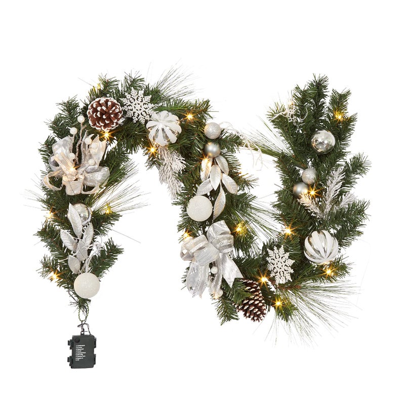 Adeeing Christmas Garland with Lights 6 ft Prelit Silver White Christmas Garland with Ball Ornaments Pine Cones Berries Battery Operated Lights for Indoor Outdoor Fireplace Staircase Decoration