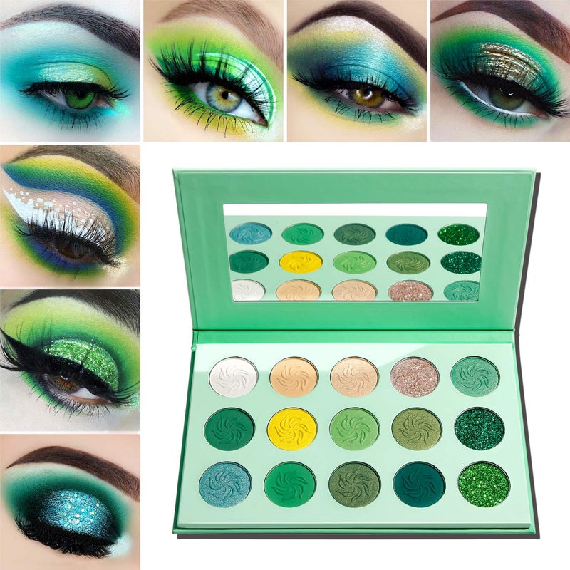 Green Glitter Eyeshadow Palette Highly Pigmented Afflano Forest Emerald Green Christmas Makeup PalettesYellow Lime Grass Grinch Makeup Eye Shadow Pallet Matte Shimmer 15 Color