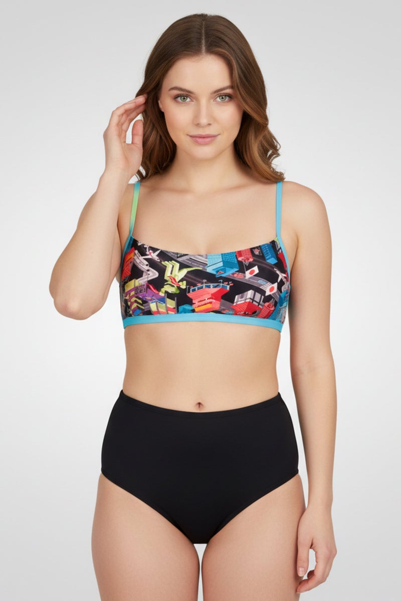speedo بلوزة بيكيني نسائية غير مبطنة بطبعة شاملة، مجموعة زرقاء - Image 1