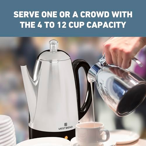 West Bend Electric Percolator Classic Style Coffee Maker with Heat Resistant Handle Base and Detachable Cord with Stainless Steel Stem and Basket, 12-Cup, Silver - Image 2