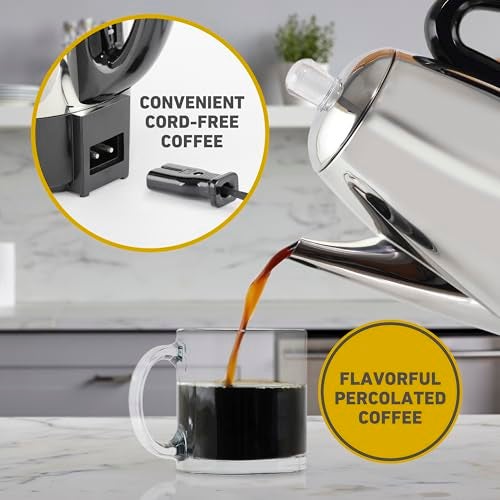 West Bend Electric Percolator Classic Style Coffee Maker with Heat Resistant Handle Base and Detachable Cord with Stainless Steel Stem and Basket, 12-Cup, Silver - Image 3