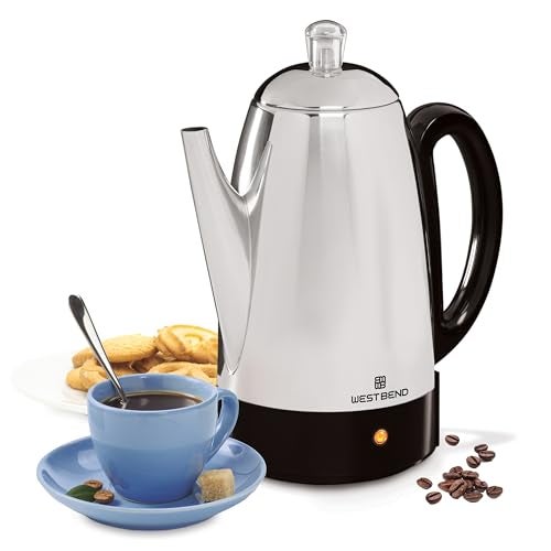 West Bend Electric Percolator Classic Style Coffee Maker with Heat Resistant Handle Base and Detachable Cord with Stainless Steel Stem and Basket, 12-Cup, Silver - Image 1