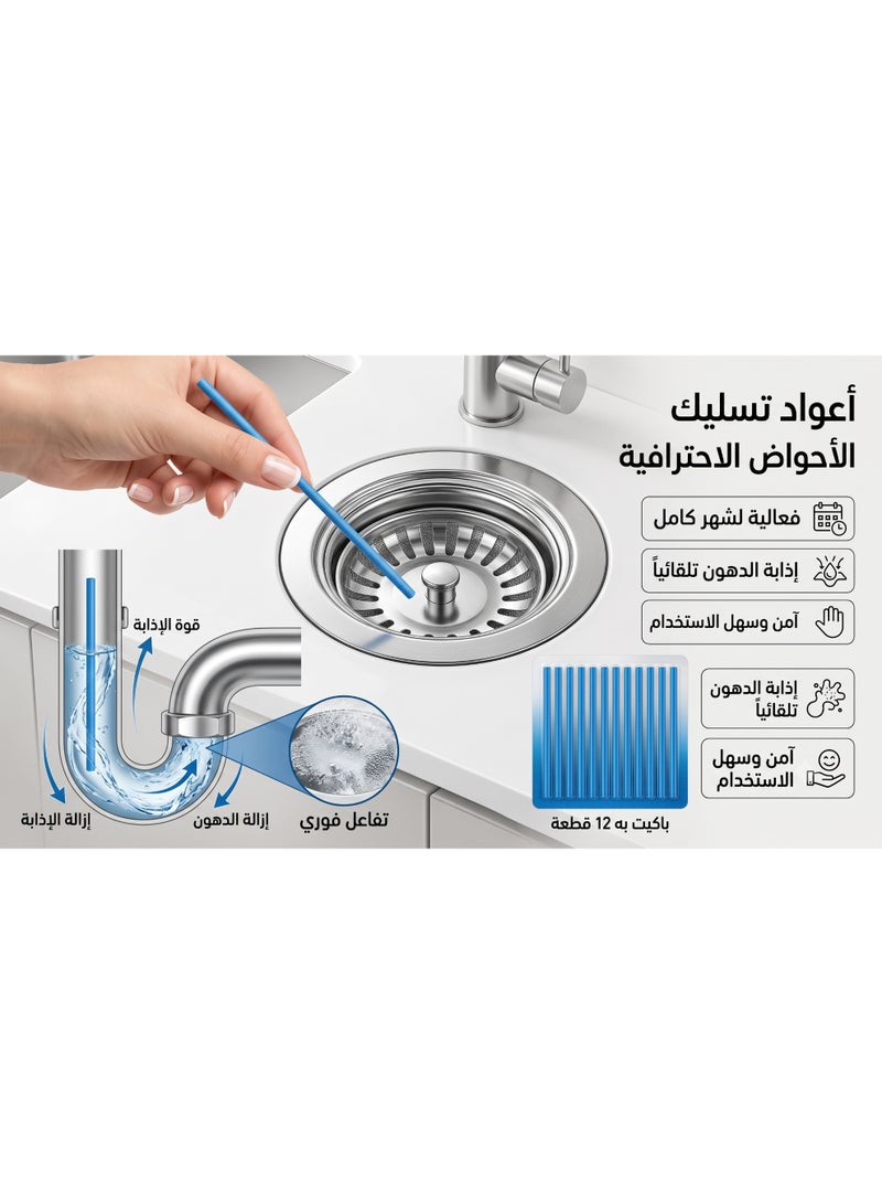 أعواد تسليك وتنظيف الأحواض والبلاعات 12 قطعة – للتخلص من الدهون والروائح الكريهة - Image 2