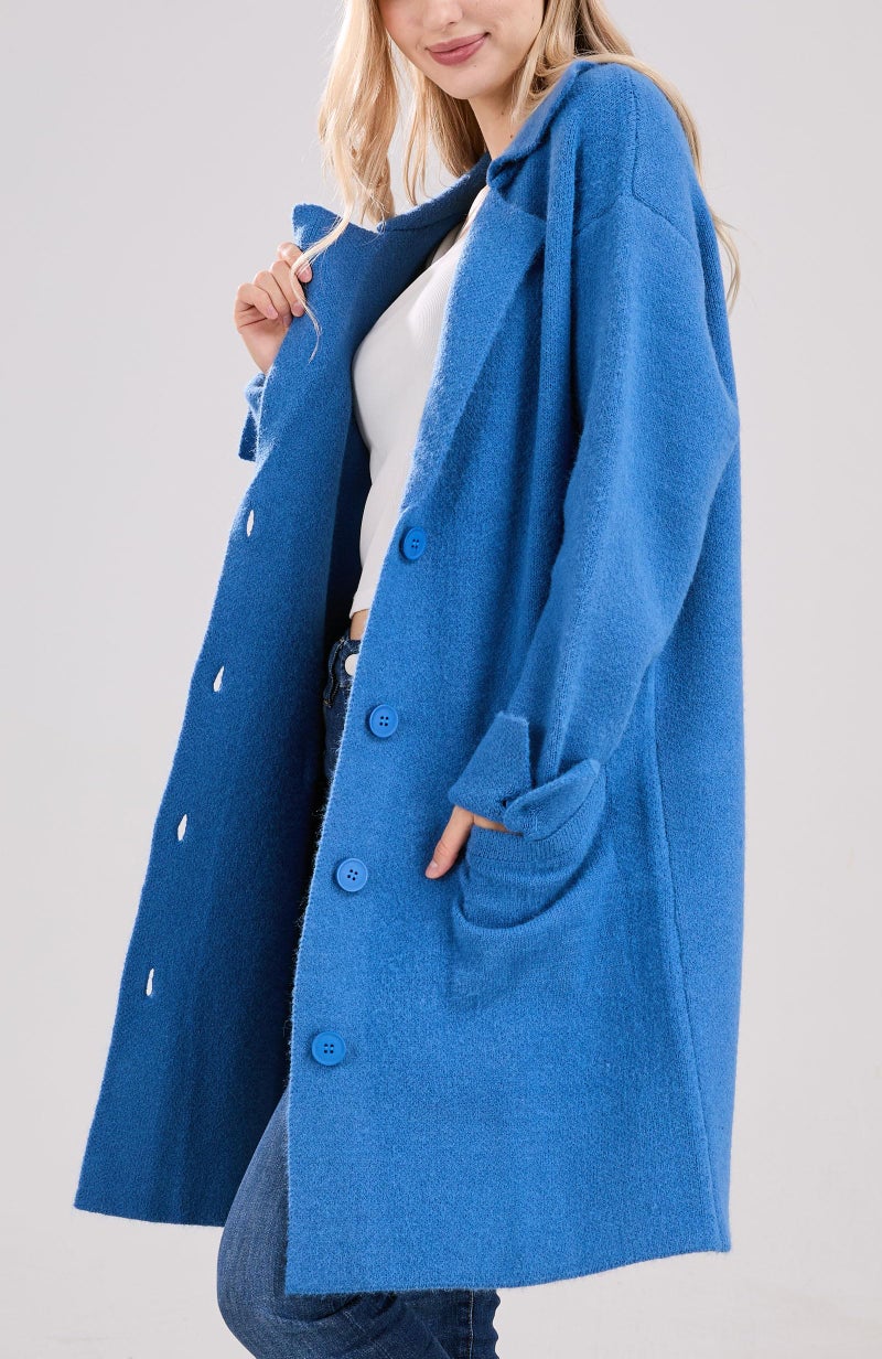 CHARTOU Women Long Cardigan Notched Collar Button Down Loose Fit Knit Blazer Sweater Jacket (Large, Blue) - Image 2