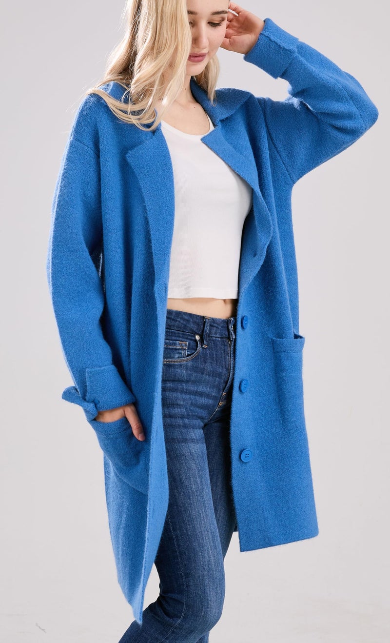 CHARTOU Women Long Cardigan Notched Collar Button Down Loose Fit Knit Blazer Sweater Jacket (Large, Blue) - Image 3