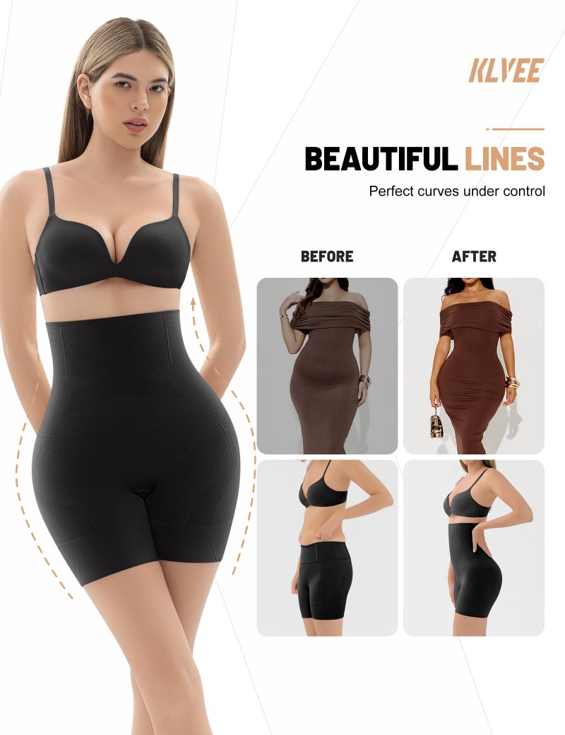 KLVEE Shapewear for Women Tummy Control, High Waisted Body Shaper Shorts Butt Lifting Thigh Slimmer Shapewear Under Dress Black - Image 4
