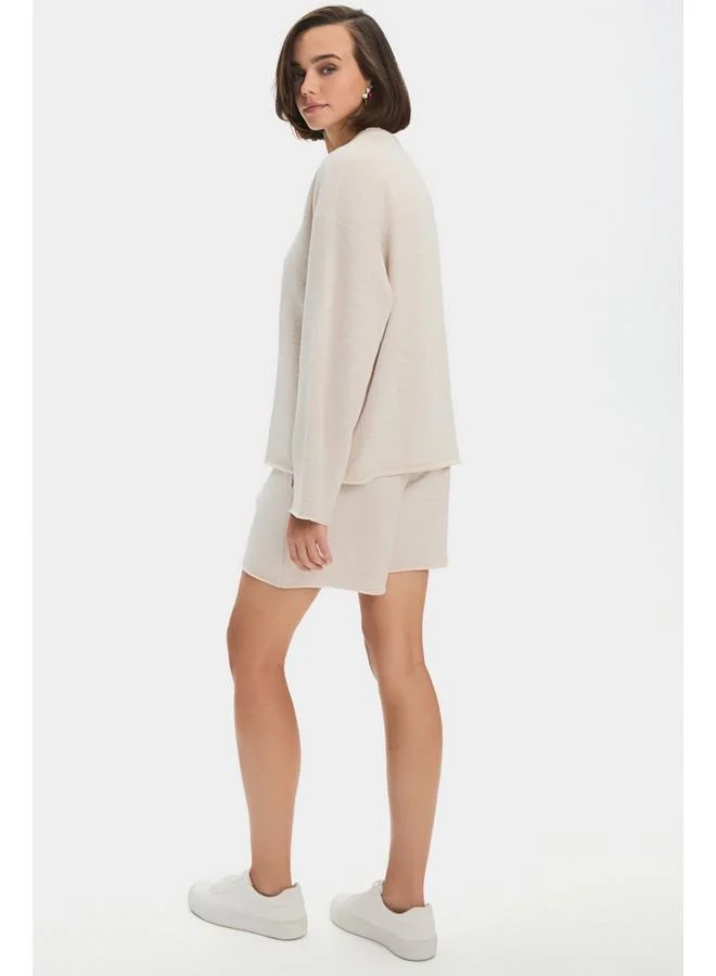 JUNE June Women Cotton Blend Crew Neck Sweatshirt Short Set Ecru