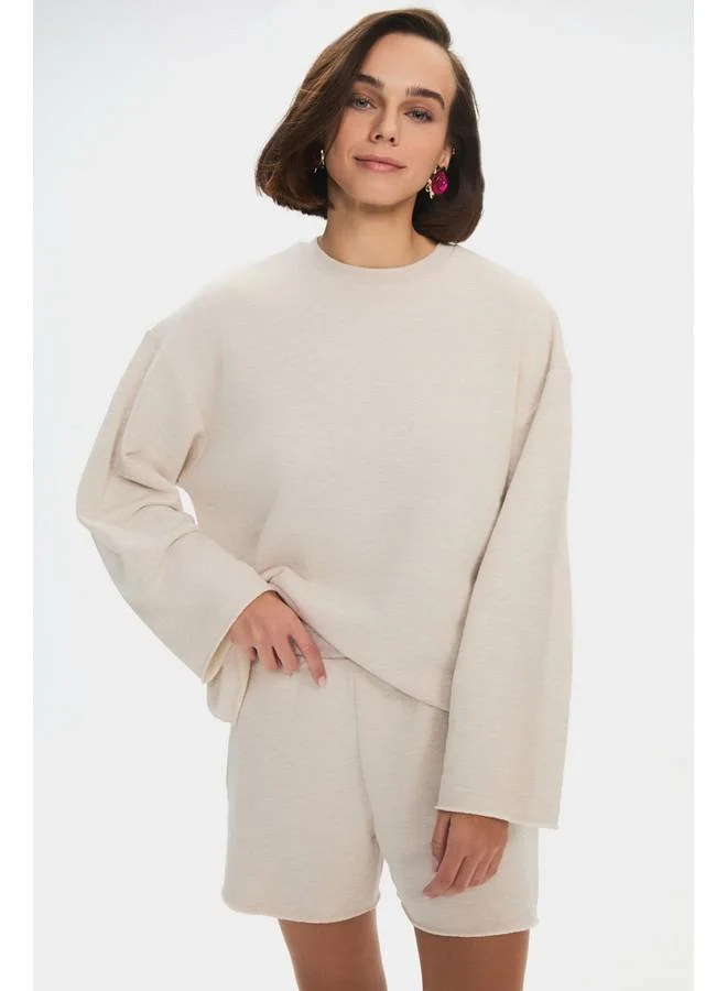 JUNE June Women Cotton Blend Crew Neck Sweatshirt Short Set Ecru