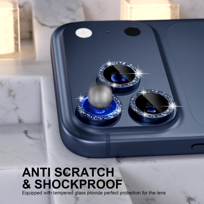 Choiche Compatible for iPhone 17 Pro/iPhone 17 Pro Max Camera Lens Protector Bling, 9H Tempered Glass Camera Cover Screen Protector Metal Ring Decoration Accessories (Glitter-Blue) - Image 4