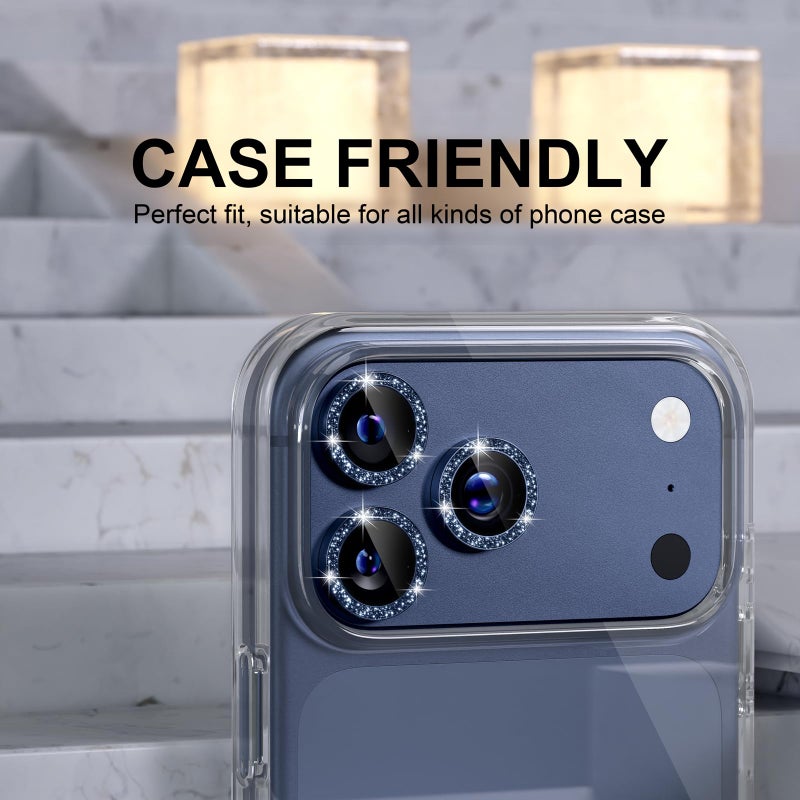 Choiche Compatible for iPhone 17 Pro/iPhone 17 Pro Max Camera Lens Protector Bling, 9H Tempered Glass Camera Cover Screen Protector Metal Ring Decoration Accessories (Glitter-Blue) - Image 5