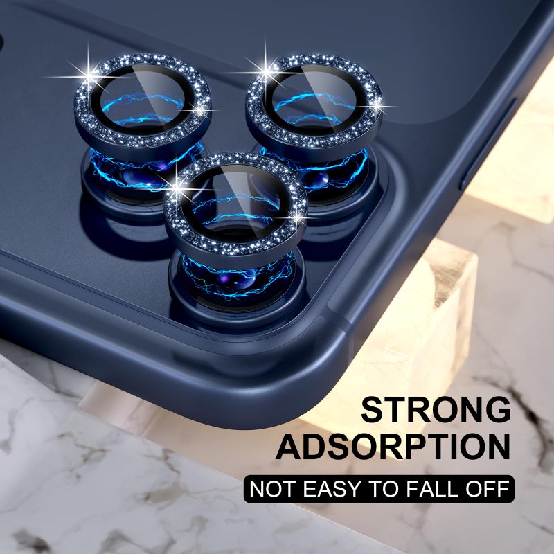 Choiche Compatible for iPhone 17 Pro/iPhone 17 Pro Max Camera Lens Protector Bling, 9H Tempered Glass Camera Cover Screen Protector Metal Ring Decoration Accessories (Glitter-Blue) - Image 3