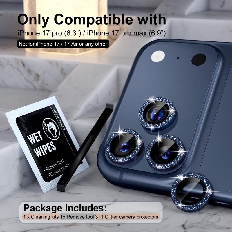 Choiche Compatible for iPhone 17 Pro/iPhone 17 Pro Max Camera Lens Protector Bling, 9H Tempered Glass Camera Cover Screen Protector Metal Ring Decoration Accessories (Glitter-Blue) - Image 2