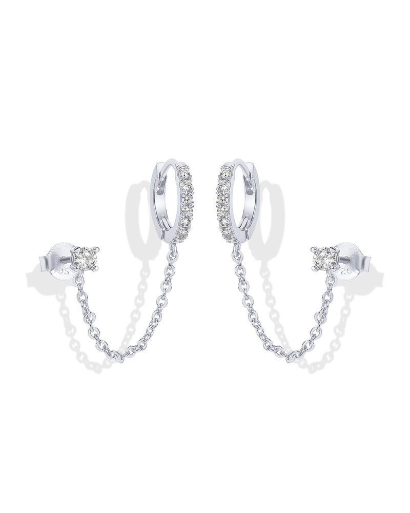 PAVOI 14K Gold Chain Earrings for Women | Double Piercing Dangle Chain Huggie Hoop Earrings | Cubic Zirconia Pearl Stud Ear Cuff Earrings for Women - Image 1