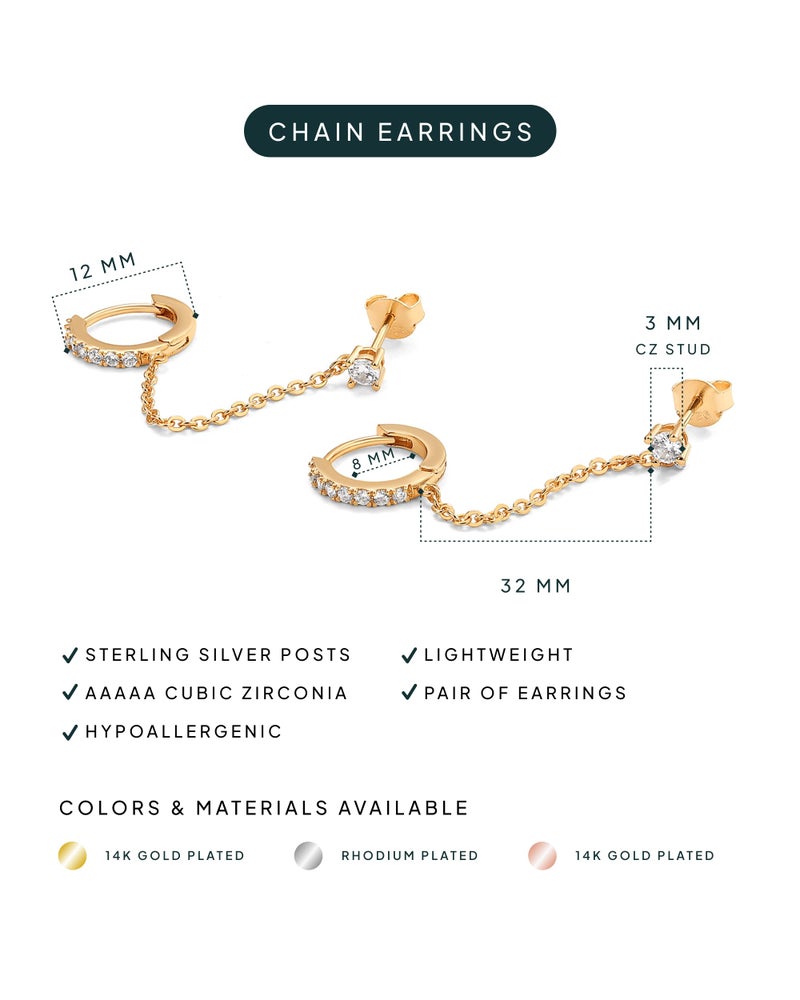 PAVOI 14K Gold Chain Earrings for Women | Double Piercing Dangle Chain Huggie Hoop Earrings | Cubic Zirconia Pearl Stud Ear Cuff Earrings for Women - Image 3