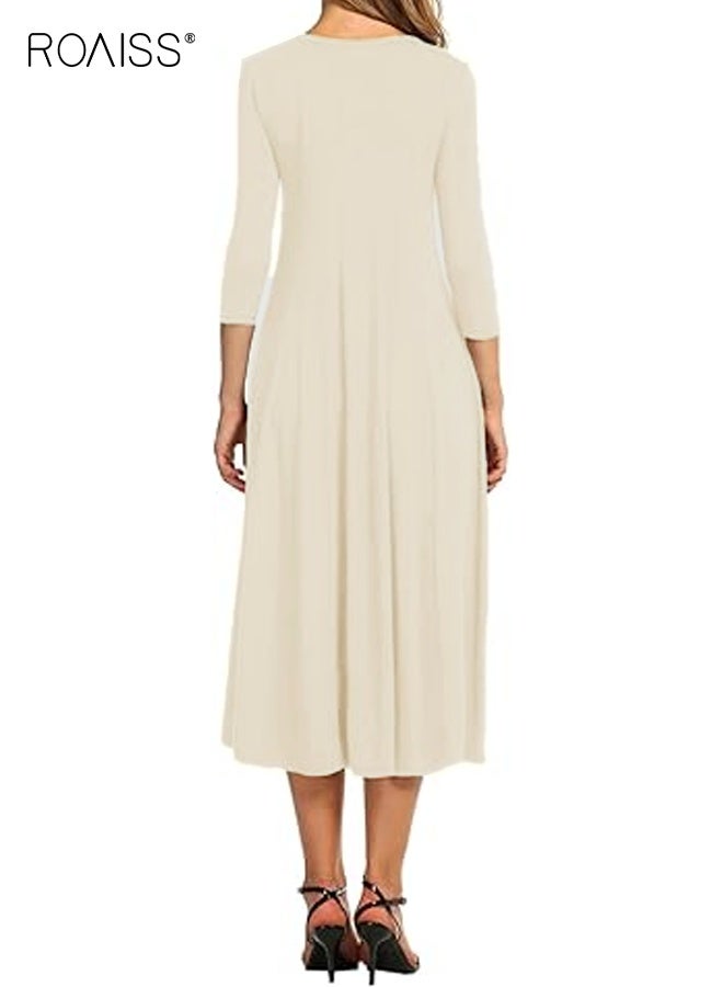 رويس تنورة طويلة مطوية فضفاضة غير رسمية للنساء بلون سادة، فستان صيفي طويل برقبة دائرية وأكمام طويلة، فستان كلاسيكي متعدد الاستخدامات وعصري للتنقل للنساء - Image 4