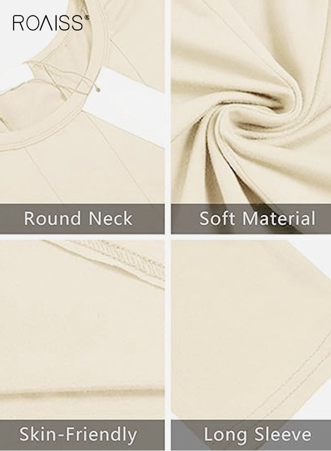 رويس تنورة طويلة مطوية فضفاضة غير رسمية للنساء بلون سادة، فستان صيفي طويل برقبة دائرية وأكمام طويلة، فستان كلاسيكي متعدد الاستخدامات وعصري للتنقل للنساء - Image 3