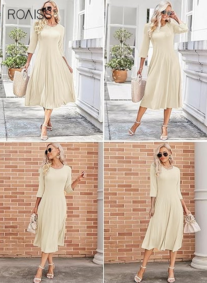 رويس تنورة طويلة مطوية فضفاضة غير رسمية للنساء بلون سادة، فستان صيفي طويل برقبة دائرية وأكمام طويلة، فستان كلاسيكي متعدد الاستخدامات وعصري للتنقل للنساء - Image 2