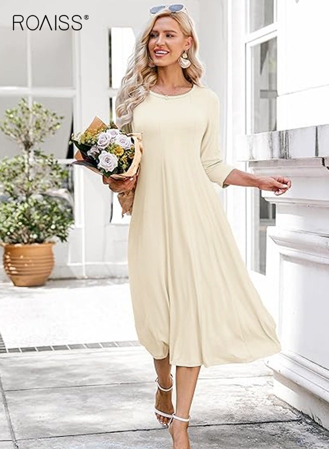 رويس تنورة طويلة مطوية فضفاضة غير رسمية للنساء بلون سادة، فستان صيفي طويل برقبة دائرية وأكمام طويلة، فستان كلاسيكي متعدد الاستخدامات وعصري للتنقل للنساء - Image 1