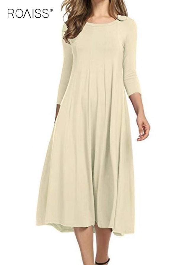 رويس تنورة طويلة مطوية فضفاضة غير رسمية للنساء بلون سادة، فستان صيفي طويل برقبة دائرية وأكمام طويلة، فستان كلاسيكي متعدد الاستخدامات وعصري للتنقل للنساء - Image 5