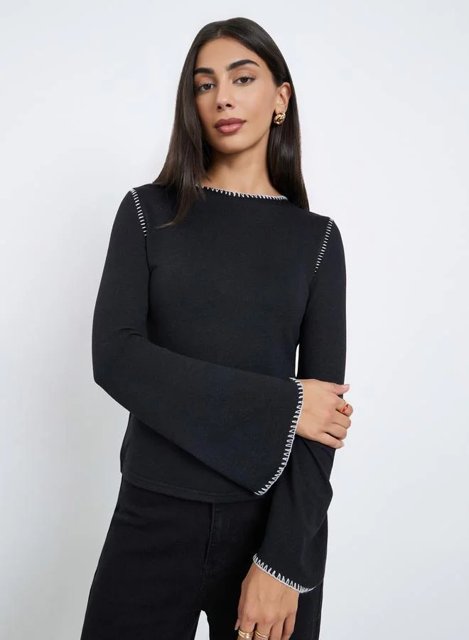 Styli Black Knit Top with Overlock Seam