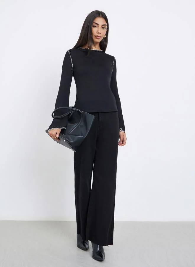 Styli Black Knit Top with Overlock Seam