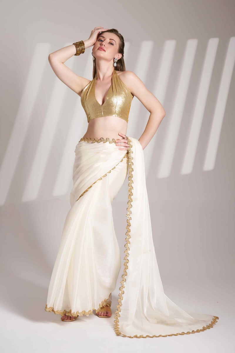 Shiv Textiles Women's Brasso Lace Border Saree(KLIS-901-WHITE) - Image 3