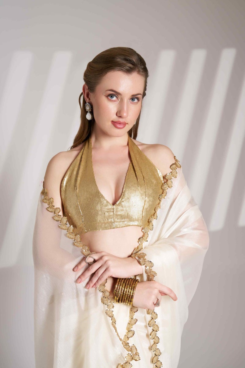 Shiv Textiles Women's Brasso Lace Border Saree(KLIS-901-WHITE) - Image 5
