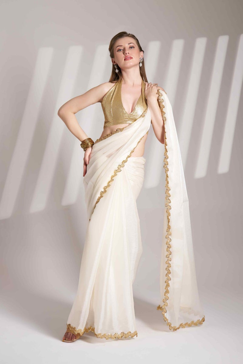 Shiv Textiles Women's Brasso Lace Border Saree(KLIS-901-WHITE) - Image 4