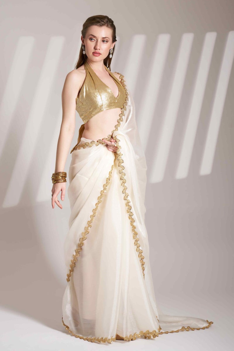 Shiv Textiles Women's Brasso Lace Border Saree(KLIS-901-WHITE) - Image 2
