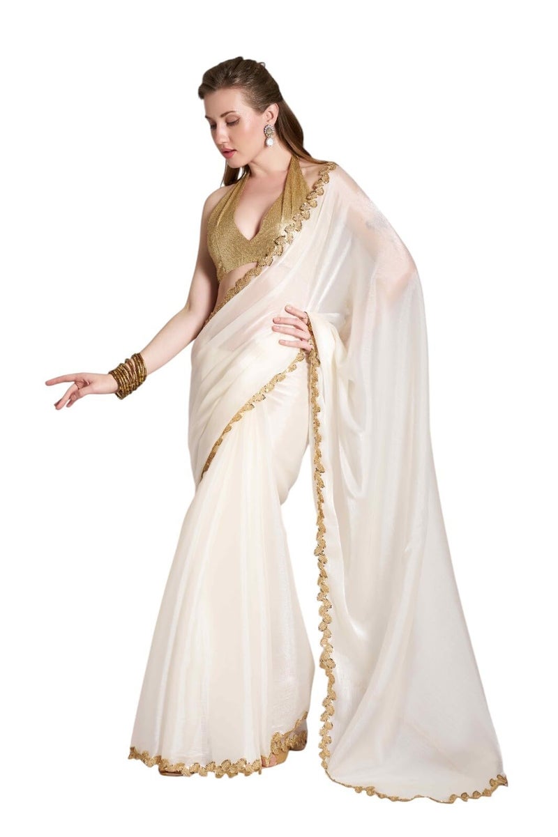 Shiv Textiles Women's Brasso Lace Border Saree(KLIS-901-WHITE) - Image 1
