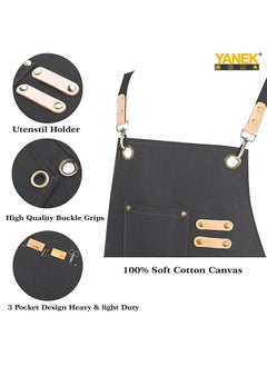 يانيك مريلة الشيف YANEK من القماش القطني ذات الظهر المتقاطع قابلة للتعديل مع 3 جيوب مقاومة لقطرات الماء | للشيف، والرسم الفني، والخباز، والباريستا، والنادل، والمطاعم، ومآزر الشواء للجنسين  - Image 3