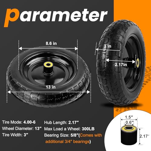 Pontuss 13" Flat Free Wheels Replacement for GOR Garden Cart Tires, 4.00-6 Solid Tires with 5/8"Bearings, 13" No Flat Wheels for GOR Garden Carts/Hand Trucks/Garden Carts - Image 2