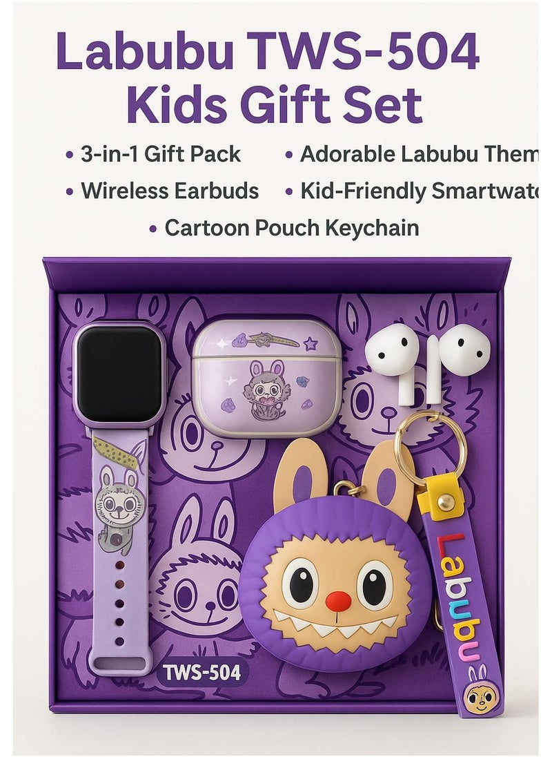 LABUBU Labubu TWS-504 Kids Gift Set – Smartwatch + Wireless Earbuds + Cartoon Pouch – Cute Design for Girls & Boys (Purple/Brown/Pink) 