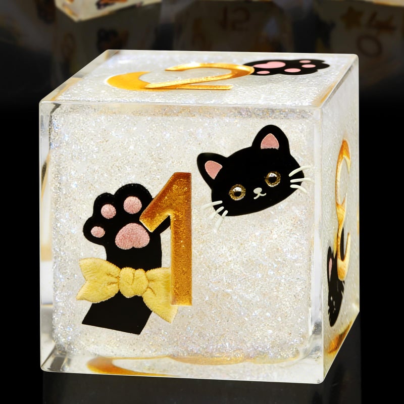 EZUO DND Cat Dice Set for Role Playing Gaming with Box Sticker Sharp Edged Polyhedral Resin DND Dice Set with Cute Black Cat Yellow Image D D20 D12 D10 D8 D6 D4 Dice RPG MTG Gift White - Image 3