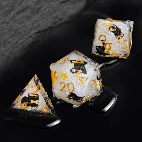 EZUO DND Cat Dice Set for Role Playing Gaming with Box Sticker Sharp Edged Polyhedral Resin DND Dice Set with Cute Black Cat Yellow Image D D20 D12 D10 D8 D6 D4 Dice RPG MTG Gift White - Image 5