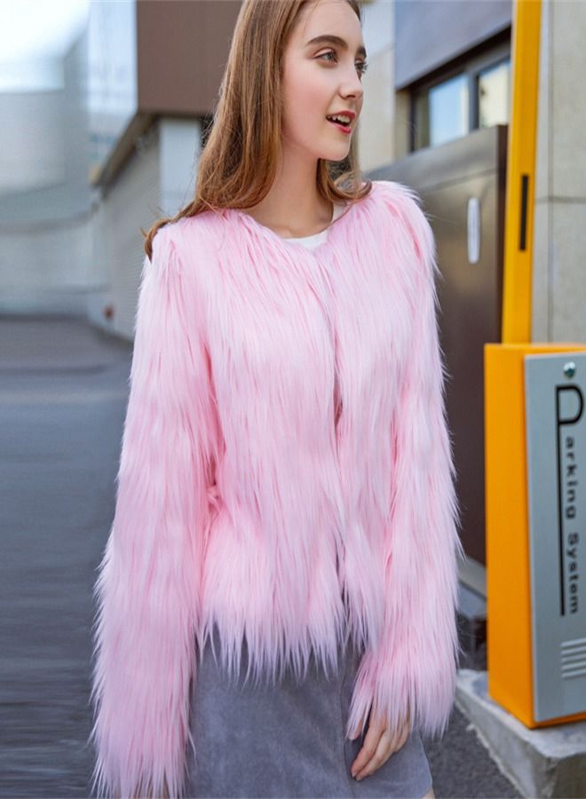 Loquat Women's Solid Color Wash Imitation Fur Short Coat Pink  - Image 1