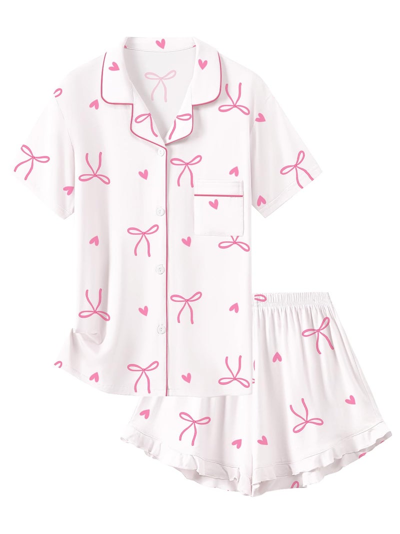 Schbbbta Girls Pajamas Set 2 Piece Button Down Pjs Soft Ruffle Sleepwear Loungewear Nightwear, Heart Bow White, 11-12 Years - Image 1