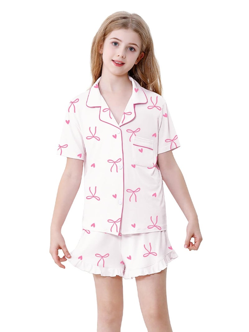 Schbbbta Girls Pajamas Set 2 Piece Button Down Pjs Soft Ruffle Sleepwear Loungewear Nightwear, Heart Bow White, 11-12 Years - Image 2