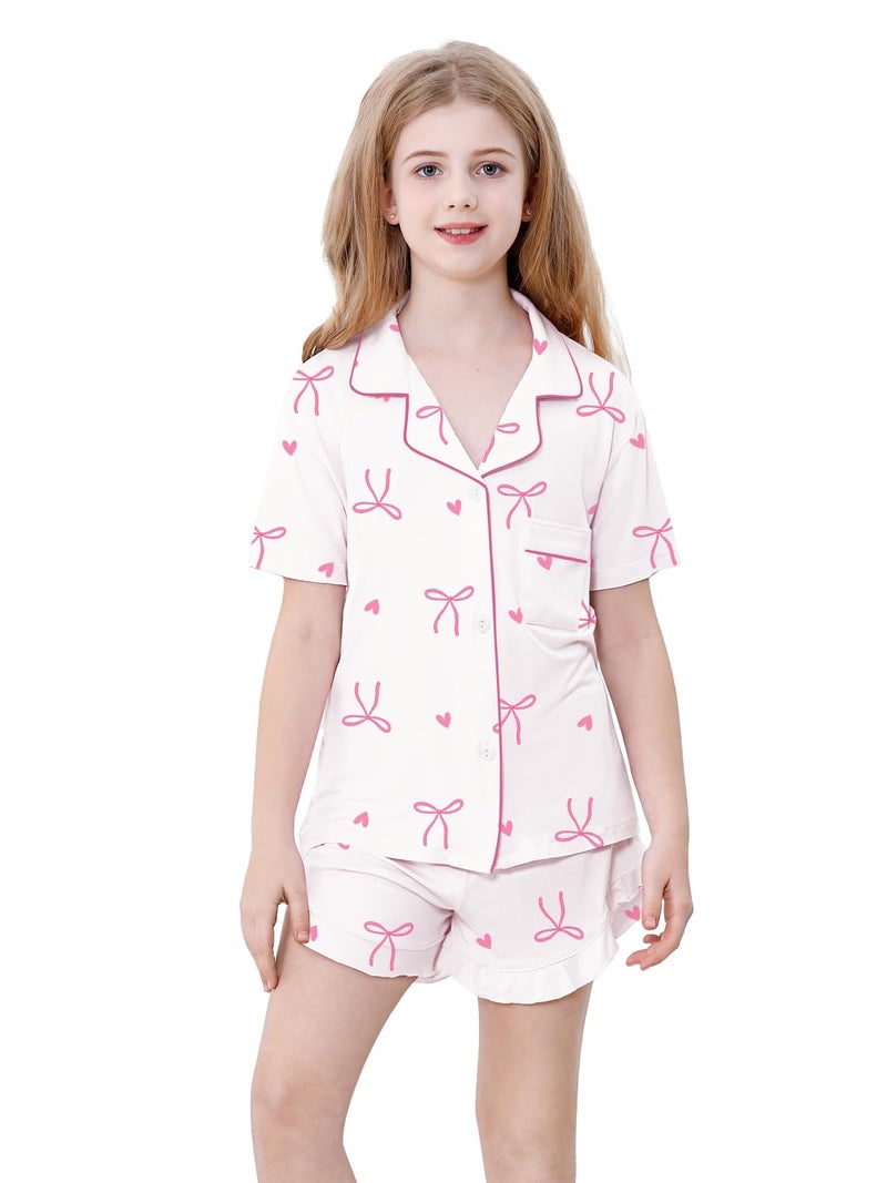 Schbbbta Girls Pajamas Set 2 Piece Button Down Pjs Soft Ruffle Sleepwear Loungewear Nightwear, Heart Bow White, 11-12 Years - Image 4