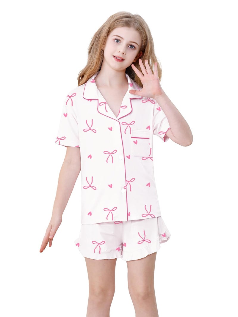 Schbbbta Girls Pajamas Set 2 Piece Button Down Pjs Soft Ruffle Sleepwear Loungewear Nightwear, Heart Bow White, 11-12 Years - Image 5
