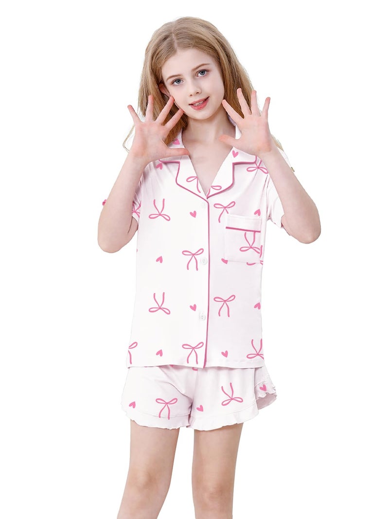 Schbbbta Girls Pajamas Set 2 Piece Button Down Pjs Soft Ruffle Sleepwear Loungewear Nightwear, Heart Bow White, 11-12 Years - Image 3