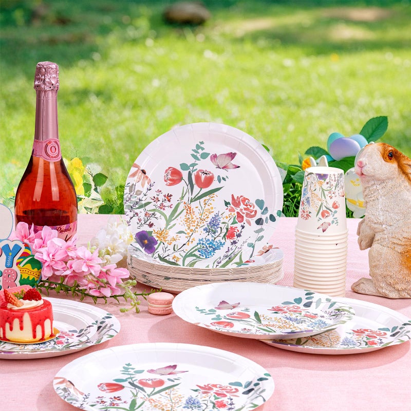 I00000 I00000 150 Pcs Spring Party Supplies Plates Set 50 Flower Dinner 9'' 50 Wild Floral Plates 7'' with 50 Paper Cups Set for Wedding Baby Shower Tea Party Perfect for Easter Serve 50 Guests  - Image 3
