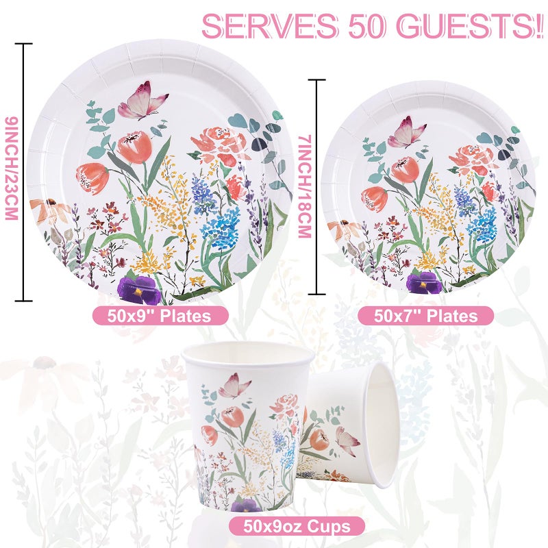 I00000 I00000 150 Pcs Spring Party Supplies Plates Set 50 Flower Dinner 9'' 50 Wild Floral Plates 7'' with 50 Paper Cups Set for Wedding Baby Shower Tea Party Perfect for Easter Serve 50 Guests  - Image 1