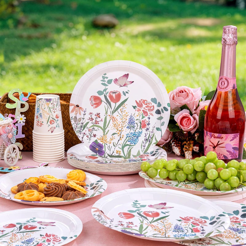 I00000 I00000 150 Pcs Spring Party Supplies Plates Set 50 Flower Dinner 9'' 50 Wild Floral Plates 7'' with 50 Paper Cups Set for Wedding Baby Shower Tea Party Perfect for Easter Serve 50 Guests  - Image 2