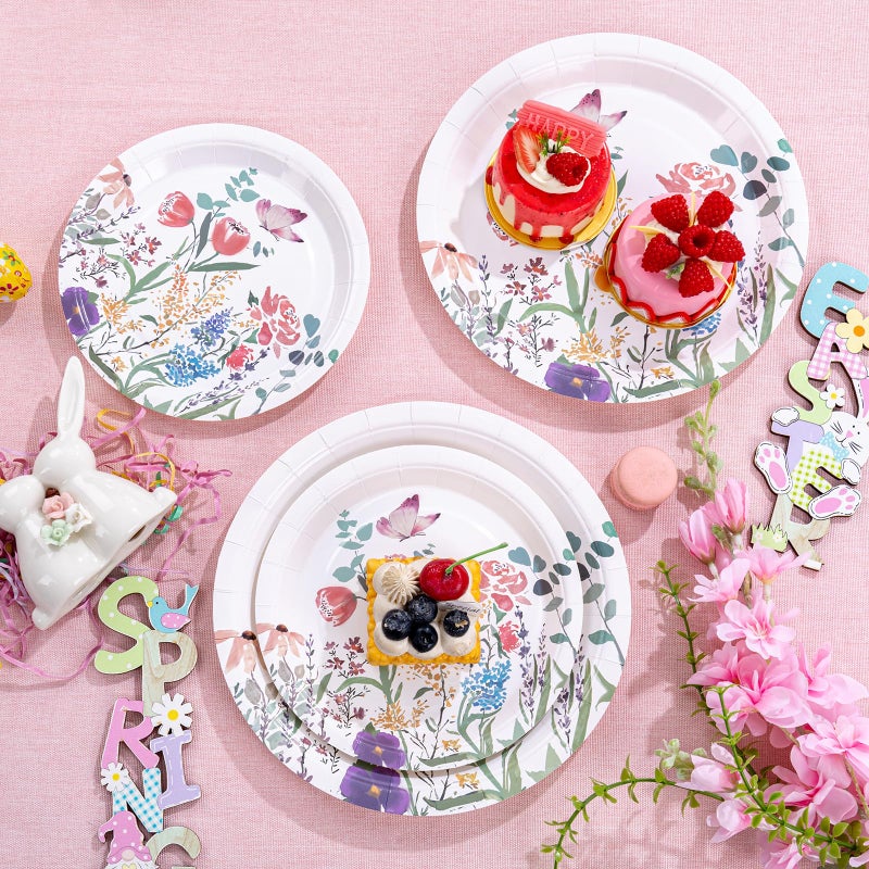 I00000 I00000 150 Pcs Spring Party Supplies Plates Set 50 Flower Dinner 9'' 50 Wild Floral Plates 7'' with 50 Paper Cups Set for Wedding Baby Shower Tea Party Perfect for Easter Serve 50 Guests  - Image 4